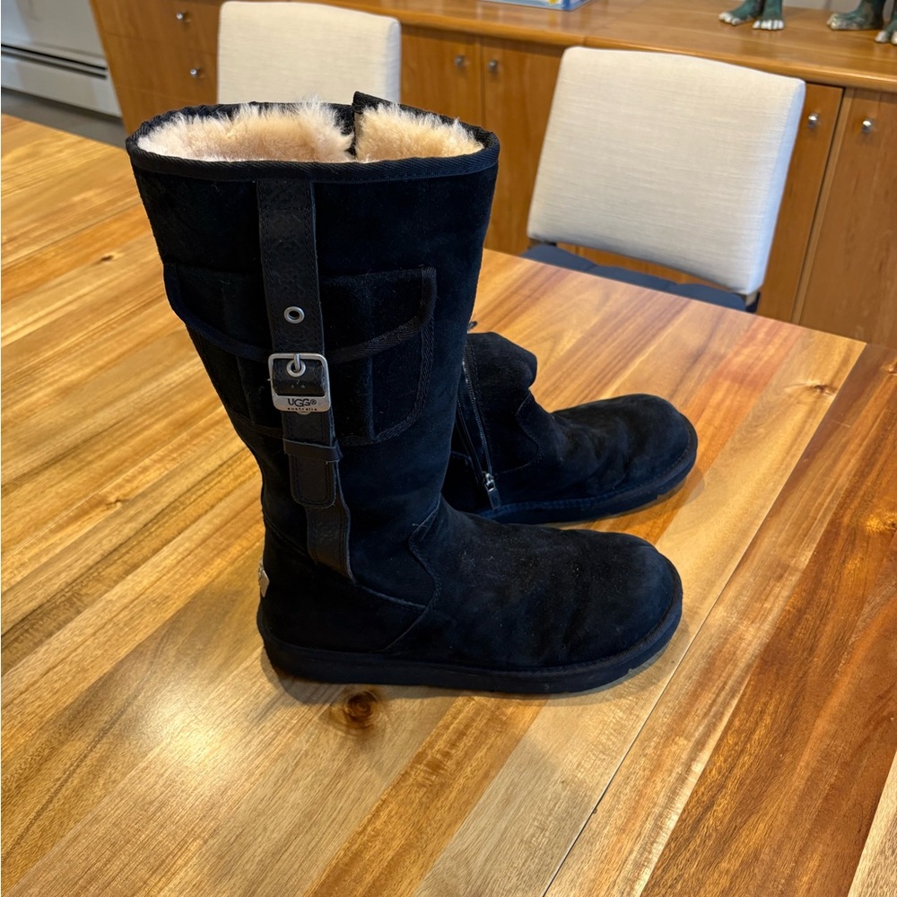 UGG Black Suede Boots with Fur Trim